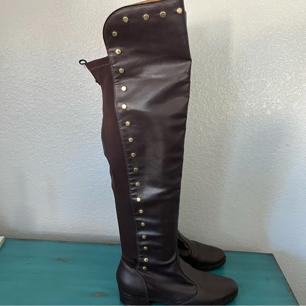 Elegant Brown Over the Knee Boots with Gold Studs